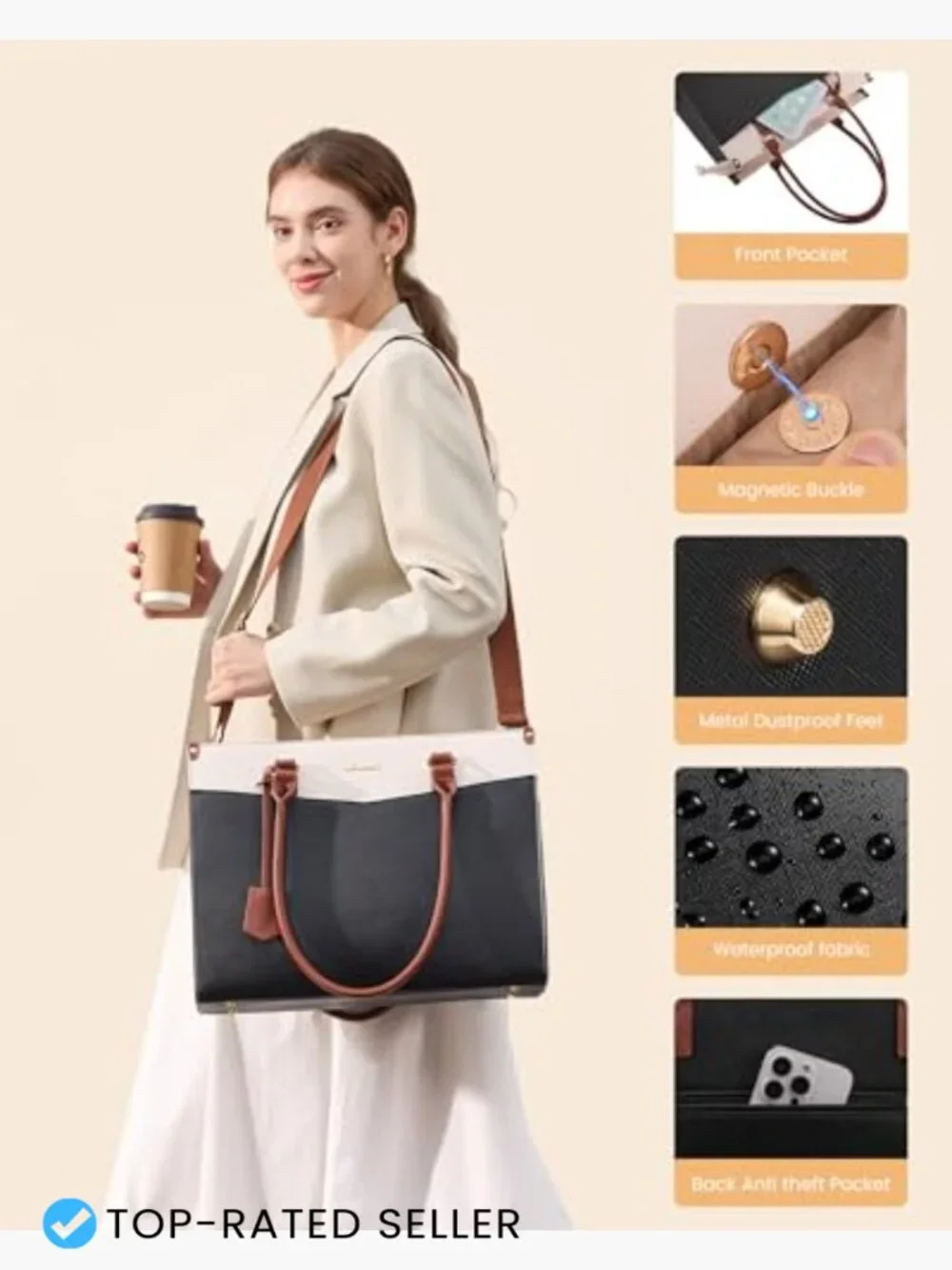 2-in-1 Laptop Tote Bag with Removable Clutch & Cup Holder, Waterproof Work